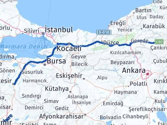 Balıkesir Atkaracalar Çankırı Arası Kaç Km - Yol Haritası