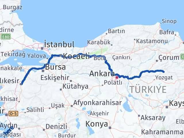 Balıkesir Aydıncık Yozgat Arası Kaç Km - Yol Haritası