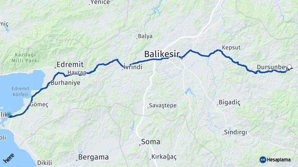 Balıkesir Ayvalık Dursunbey Arası Kaç Km - Yol Haritası