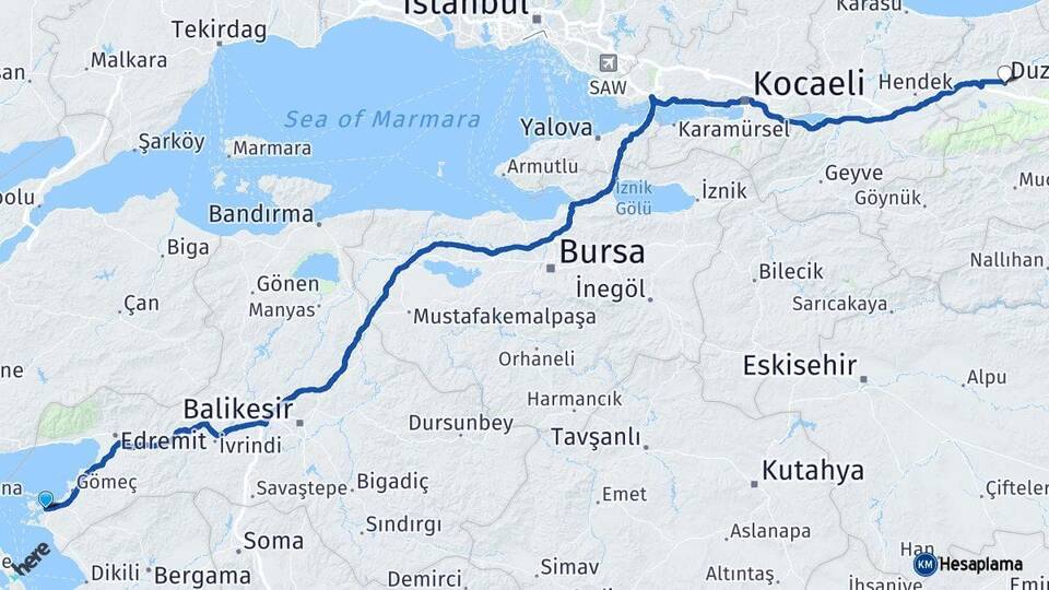 Balıkesir Ayvalık Düzce Arası Kaç Km - Yol Haritası