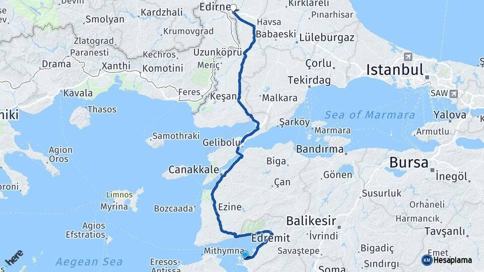 Balıkesir Ayvalık Edirne Arası Kaç Km - Yol Haritası