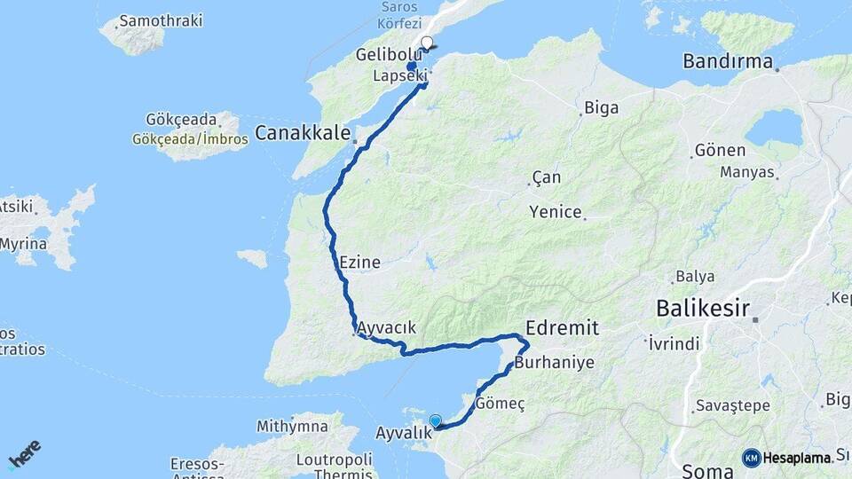 Balıkesir Ayvalık Gelibolu Çanakkale Arası Kaç Km - Yol Haritası