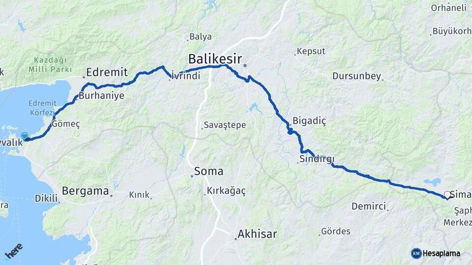 Balıkesir Ayvalık Simav Kütahya Arası Kaç Km - Yol Haritası