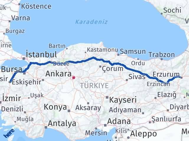 Balıkesir Aziziye Erzurum Arası Kaç Km - Yol Haritası
