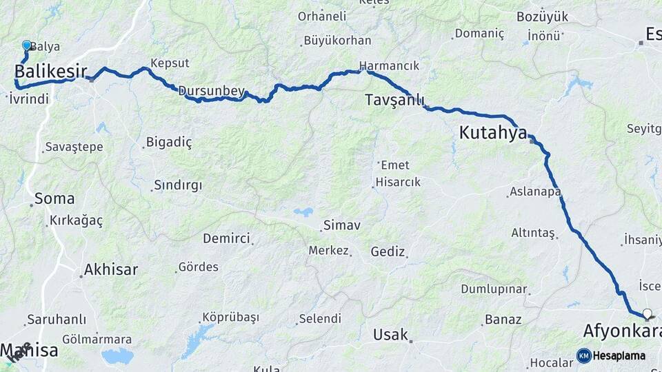 Balıkesir Balya Afyonkarahisar Arası Kaç Km - Yol Haritası