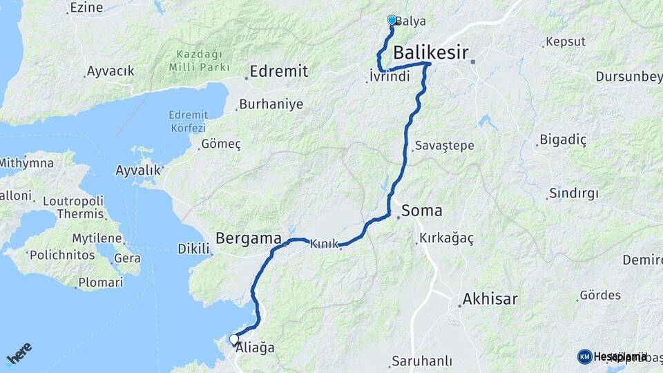Balıkesir Balya Aliağa İzmir Arası Kaç Km - Yol Haritası