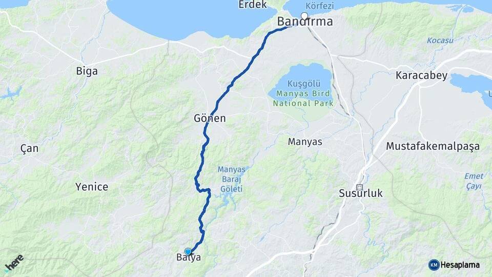 Balıkesir Balya Bandırma Arası Kaç Km - Yol Haritası