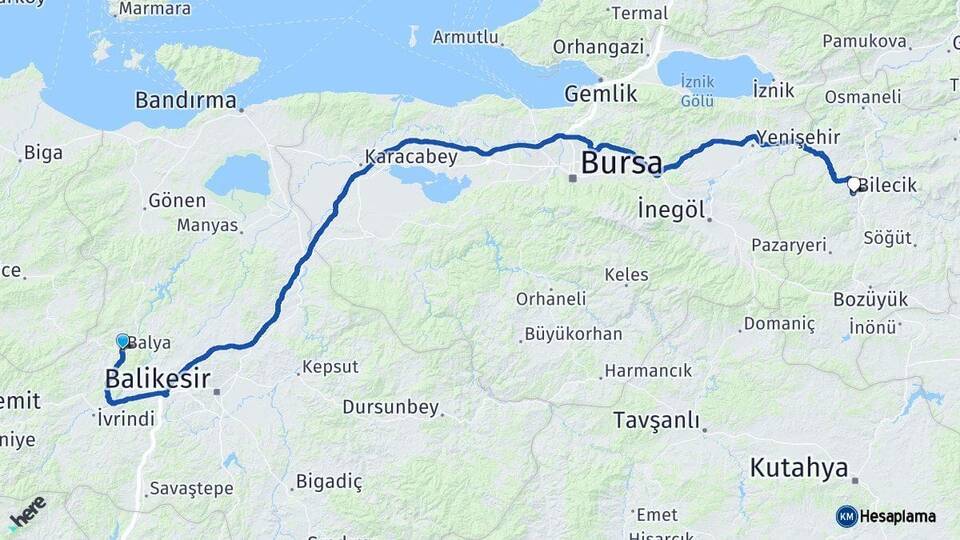 Balıkesir Balya Bilecik Arası Kaç Km - Yol Haritası