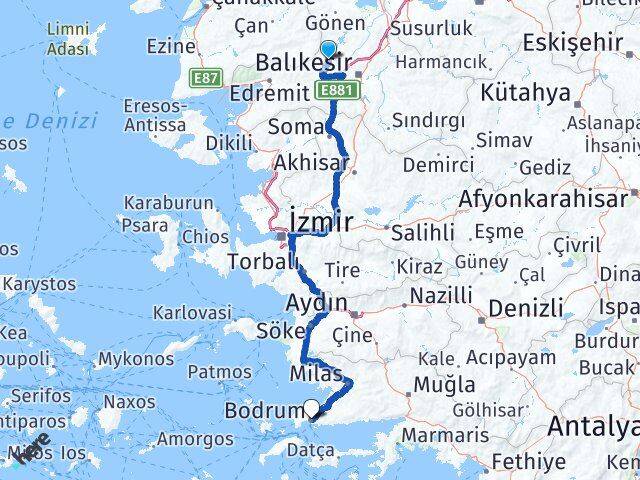 Balıkesir Balya Bodrum Muğla Arası Kaç Km - Yol Haritası