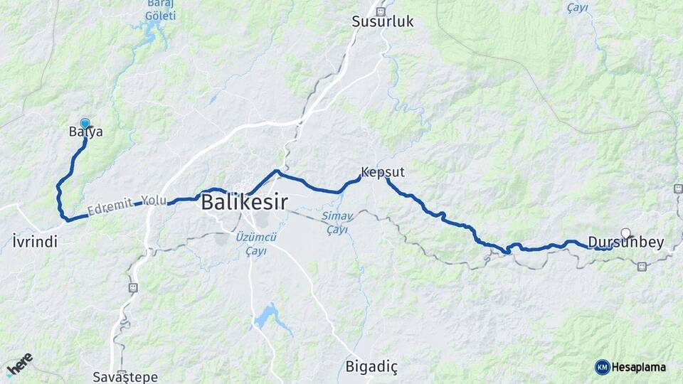 Balıkesir Balya Dursunbey Arası Kaç Km - Yol Haritası