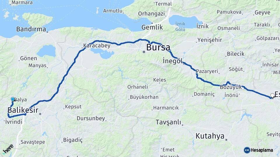 Balıkesir Balya Eskişehir Arası Kaç Km - Yol Haritası