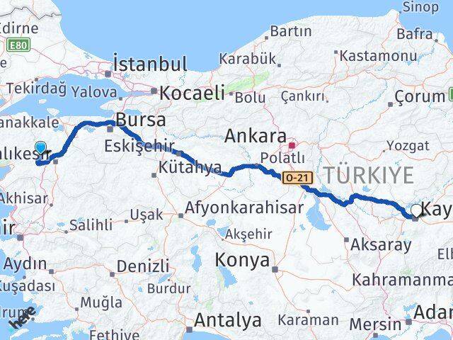 Balıkesir Balya Kayseri Arası Kaç Km - Yol Haritası
