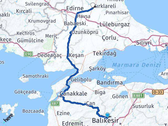 Balıkesir Balya Kırklareli Arası Kaç Km - Yol Haritası