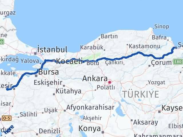 Balıkesir Balya Samsun Arası Kaç Km - Yol Haritası