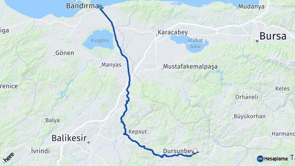 Balıkesir Bandırma Dursunbey Arası Kaç Km - Yol Haritası