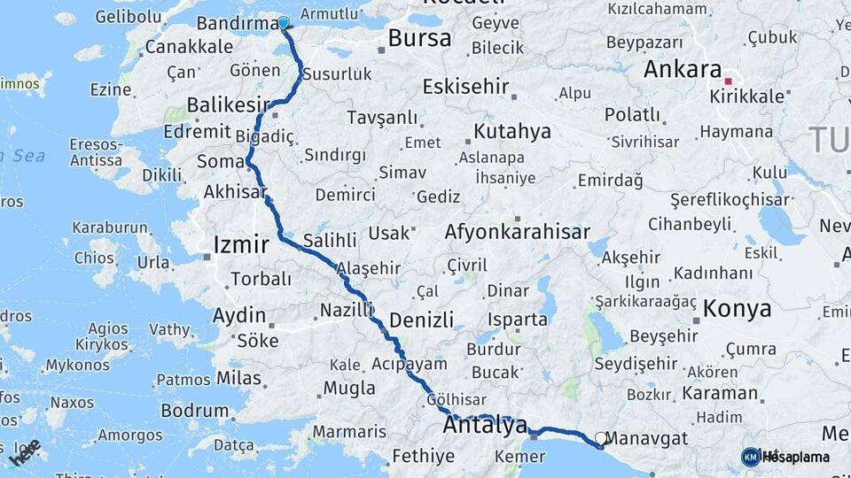 Balıkesir Bandırma Manavgat Antalya Arası Kaç Km - Yol Haritası