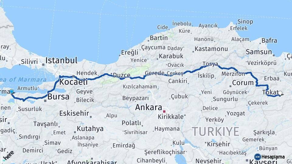 Balıkesir Bandırma Tokat Arası Kaç Km - Yol Haritası