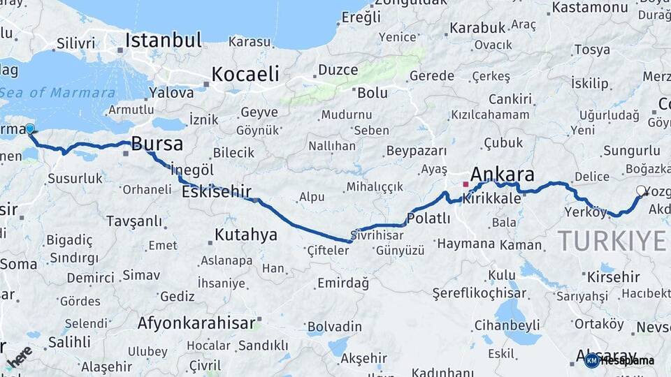 Balıkesir Bandırma Yozgat Arası Kaç Km - Yol Haritası