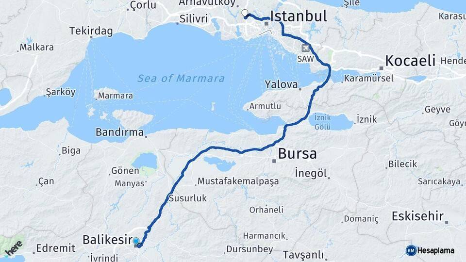 Balıkesir Başakşehir İstanbul Arası Kaç Km - Yol Haritası
