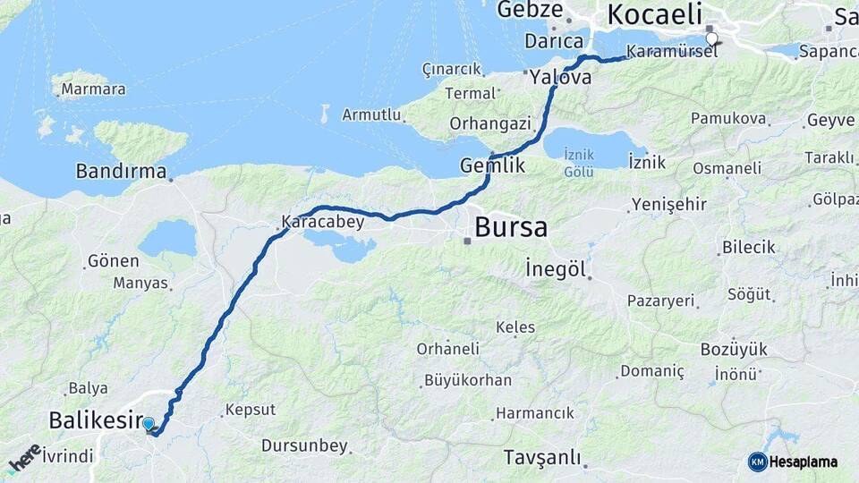 Balıkesir Başiskele Kocaeli Arası Kaç Km - Yol Haritası