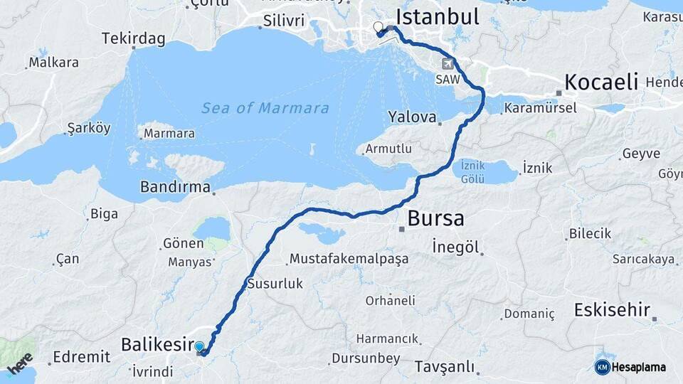 Balıkesir Bayrampaşa İstanbul Arası Kaç Km - Yol Haritası