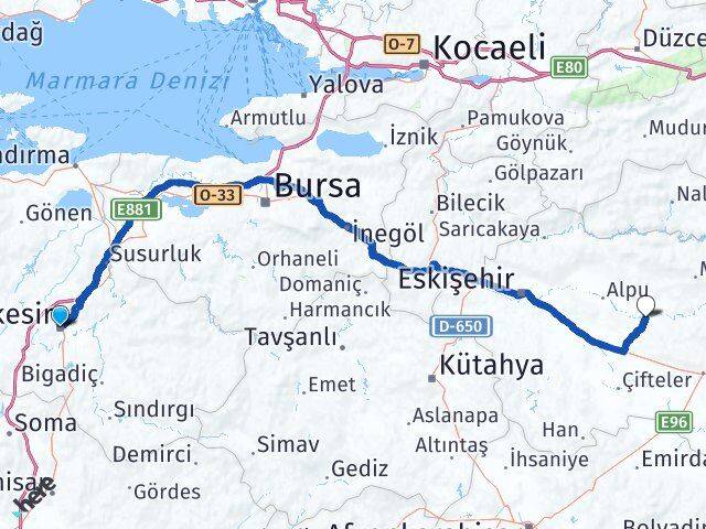 Balıkesir Beylikova Eskişehir Arası Kaç Km - Yol Haritası