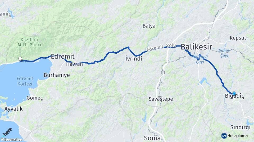 Balıkesir Bigadiç Altınoluk Edremit Arası Kaç Km - Yol Haritası