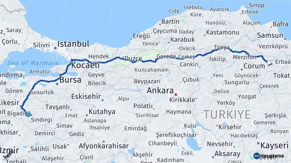 Balıkesir Bigadiç Amasya Arası Kaç Km - Yol Haritası