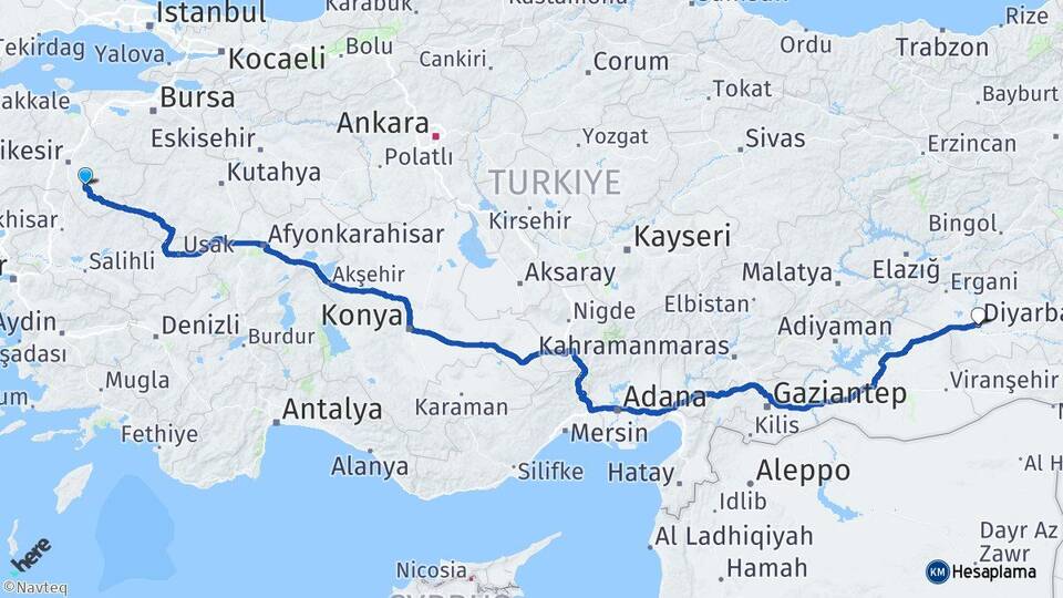 Balıkesir Bigadiç Diyarbakır Arası Kaç Km - Yol Haritası