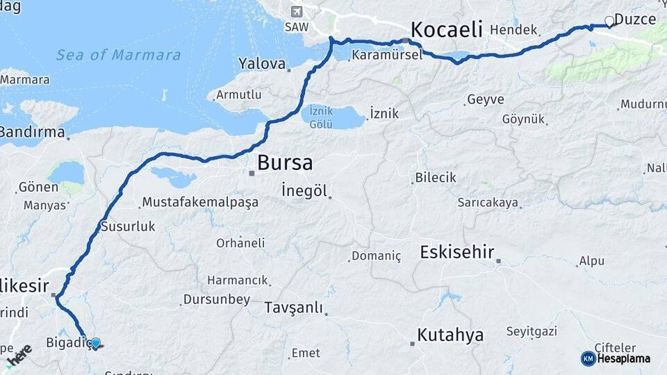 Balıkesir Bigadiç Düzce Arası Kaç Km - Yol Haritası