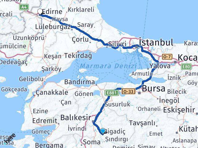 Balıkesir Bigadiç Edirne Arası Kaç Km - Yol Haritası