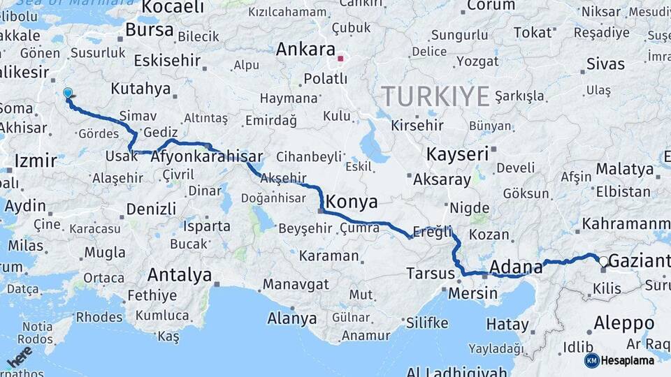 Balıkesir Bigadiç Gaziantep Arası Kaç Km - Yol Haritası