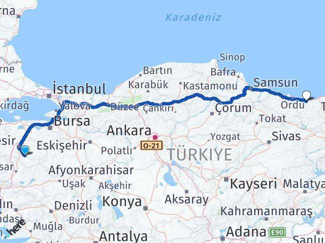 Balıkesir Bigadiç Giresun Arası Kaç Km - Yol Haritası