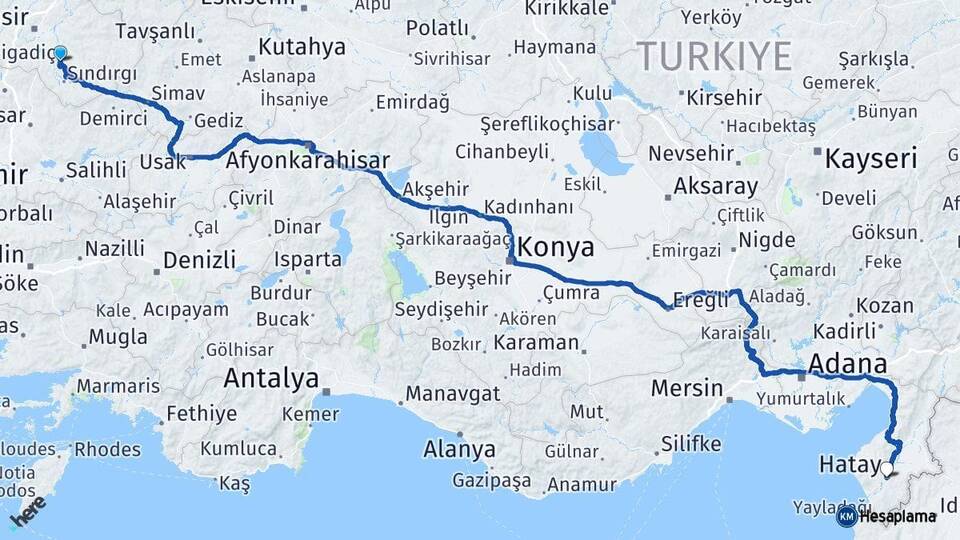 Balıkesir Bigadiç Hatay Arası Kaç Km - Yol Haritası