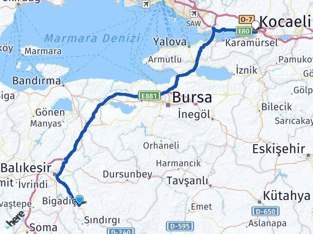 Balıkesir Bigadiç Kocaeli Arası Kaç Km - Yol Haritası