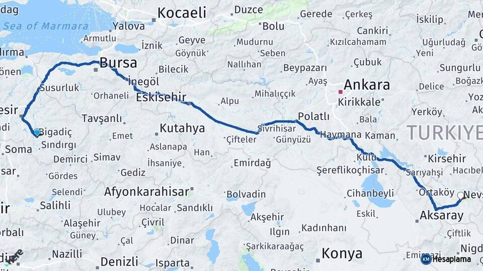 Balıkesir Bigadiç Nevşehir Arası Kaç Km - Yol Haritası