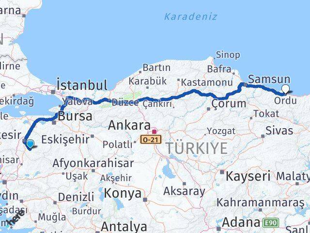 Balıkesir Bigadiç Ordu Arası Kaç Km - Yol Haritası