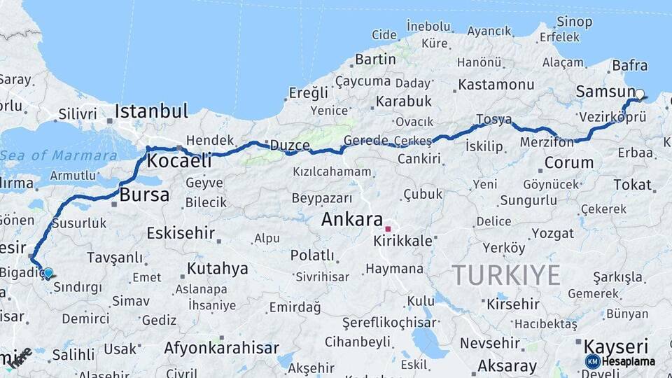 Balıkesir Bigadiç Samsun Arası Kaç Km - Yol Haritası