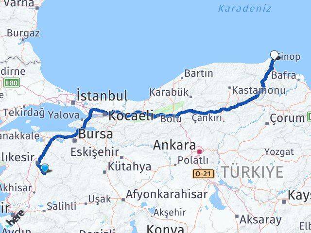 Balıkesir Bigadiç Sinop Arası Kaç Km - Yol Haritası