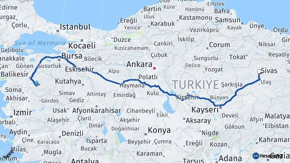 Balıkesir Bigadiç Sivas Arası Kaç Km - Yol Haritası