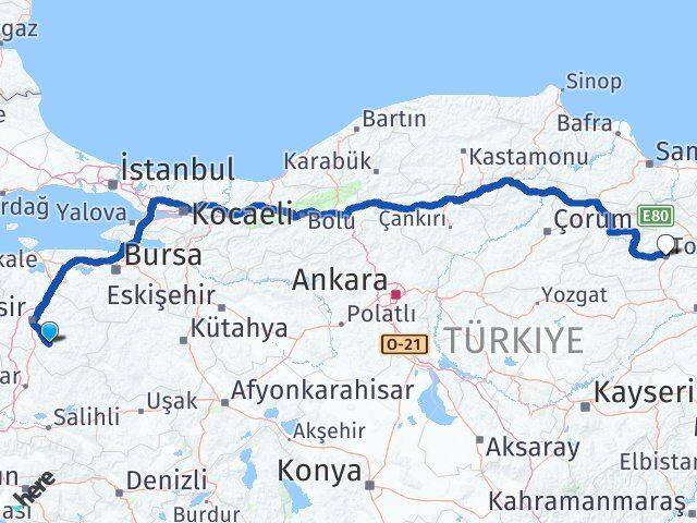 Balıkesir Bigadiç Tokat Arası Kaç Km - Yol Haritası
