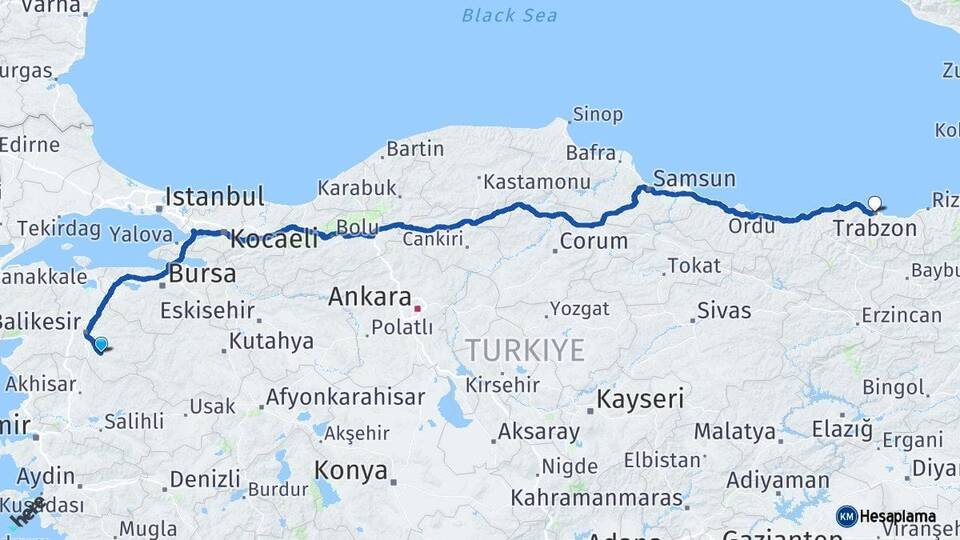 Balıkesir Bigadiç Trabzon Arası Kaç Km - Yol Haritası