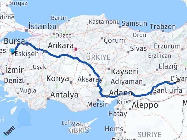 Balıkesir Bismil Diyarbakır Arası Kaç Km - Yol Haritası