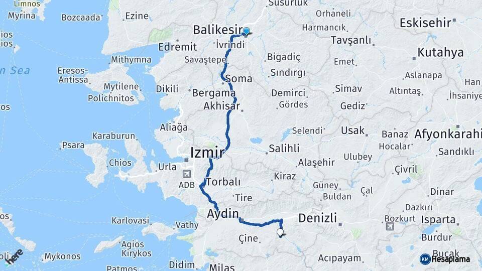 Balıkesir Bozdoğan Aydın Arası Kaç Km - Yol Haritası