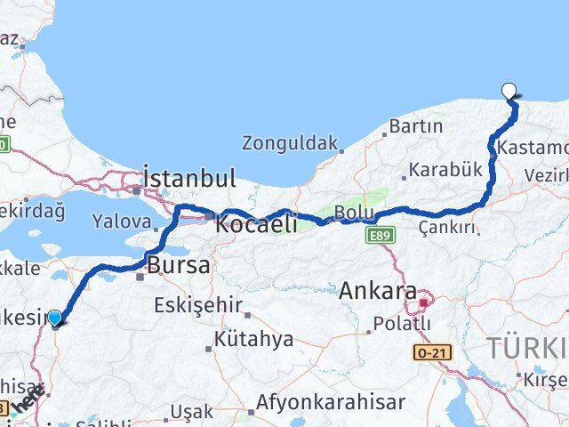 Balıkesir Bozkurt Kastamonu Arası Kaç Km - Yol Haritası