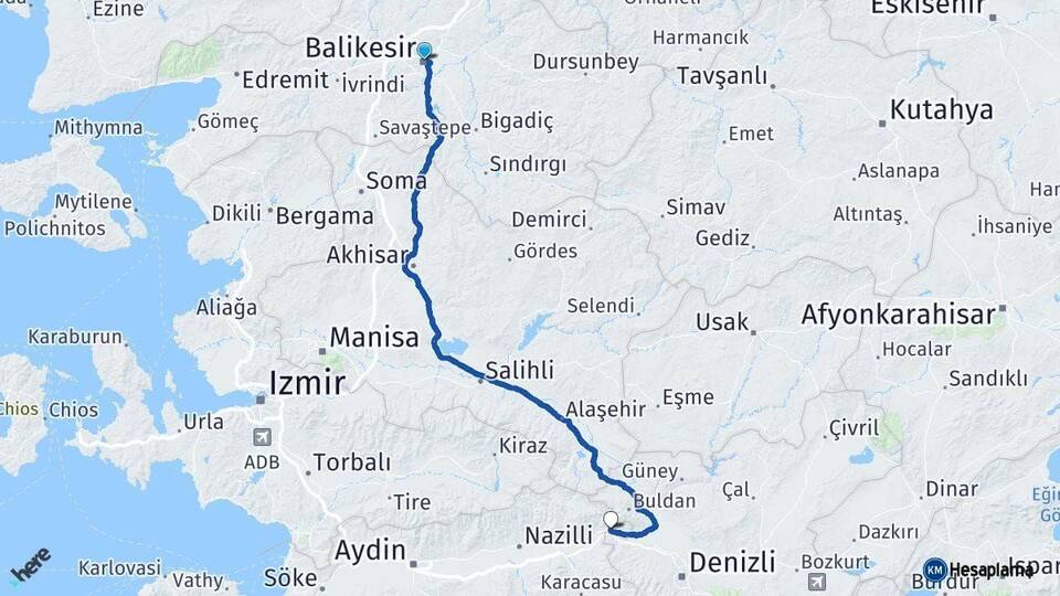 Balıkesir Buharkent Aydın Arası Kaç Km - Yol Haritası