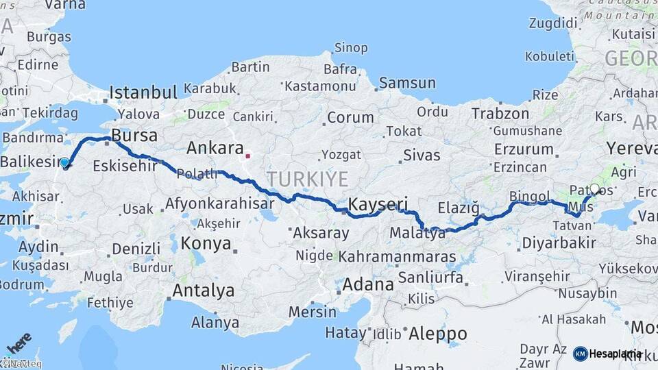 Balıkesir Bulanık Muş Arası Kaç Km - Yol Haritası