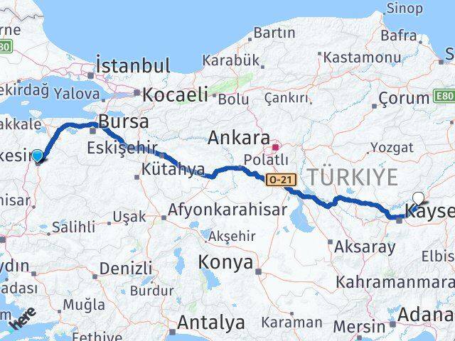 Balıkesir Bünyan Kayseri Arası Kaç Km - Yol Haritası