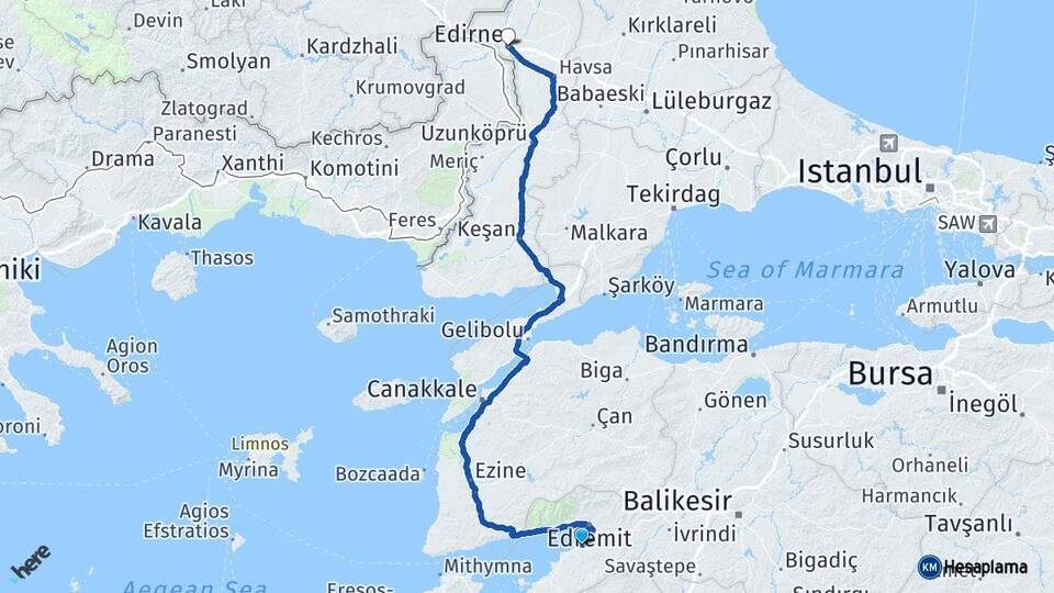 Balıkesir Burhaniye Edirne Arası Kaç Km - Yol Haritası