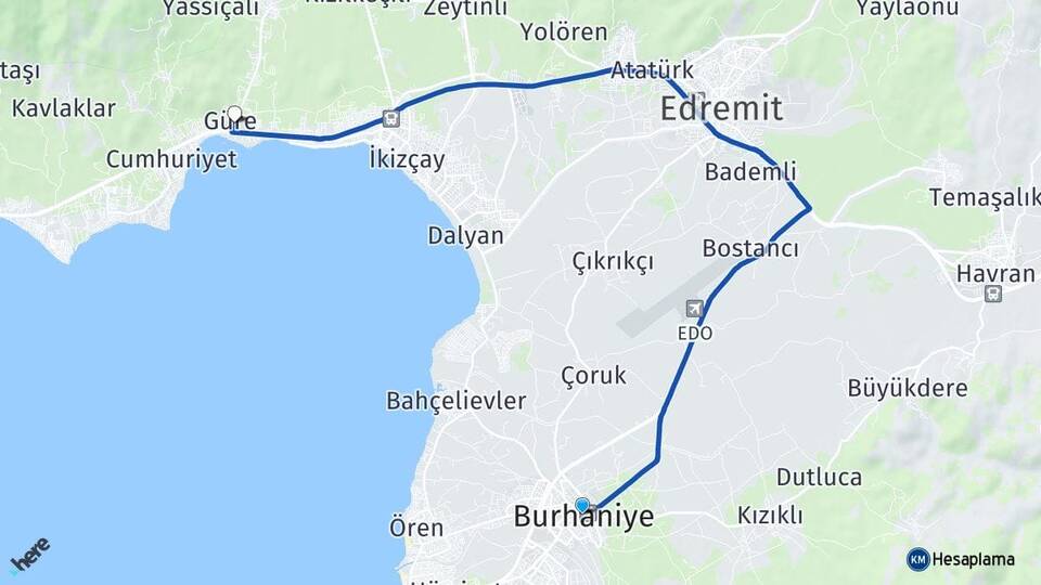 Balıkesir Burhaniye Güre Edremit Arası Kaç Km - Yol Haritası